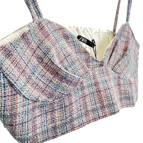 Zara Tweed Bustier Top Pink Blue XL Plaid Checkered Metallic Threading Crop Top - Picture 3 of 12